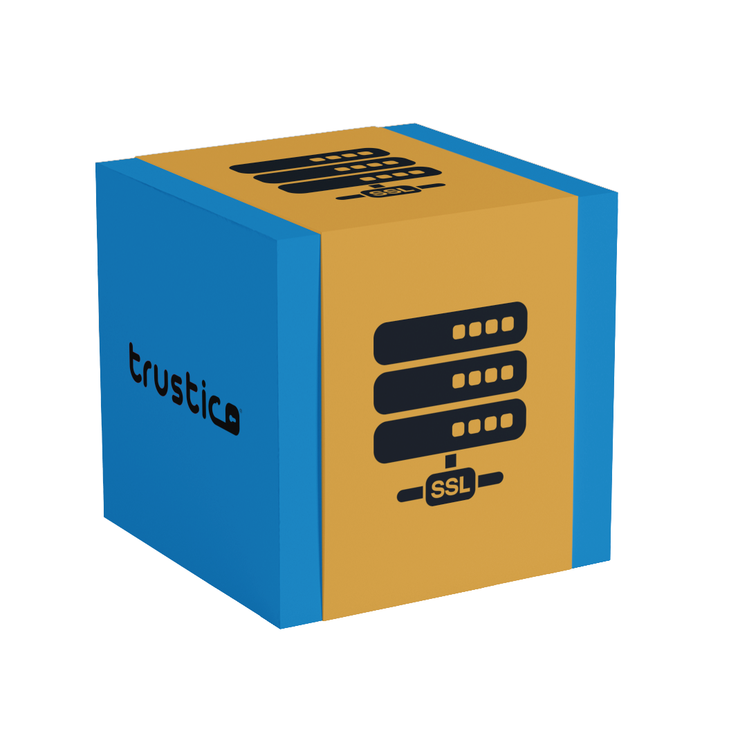 A 3D box with blue and gold faces displays a server icon labeled "SSL Certificate," the word "trustico" with a padlock, and highlights Sectigo® OV Single Site from Sectigo CA for business authentication.