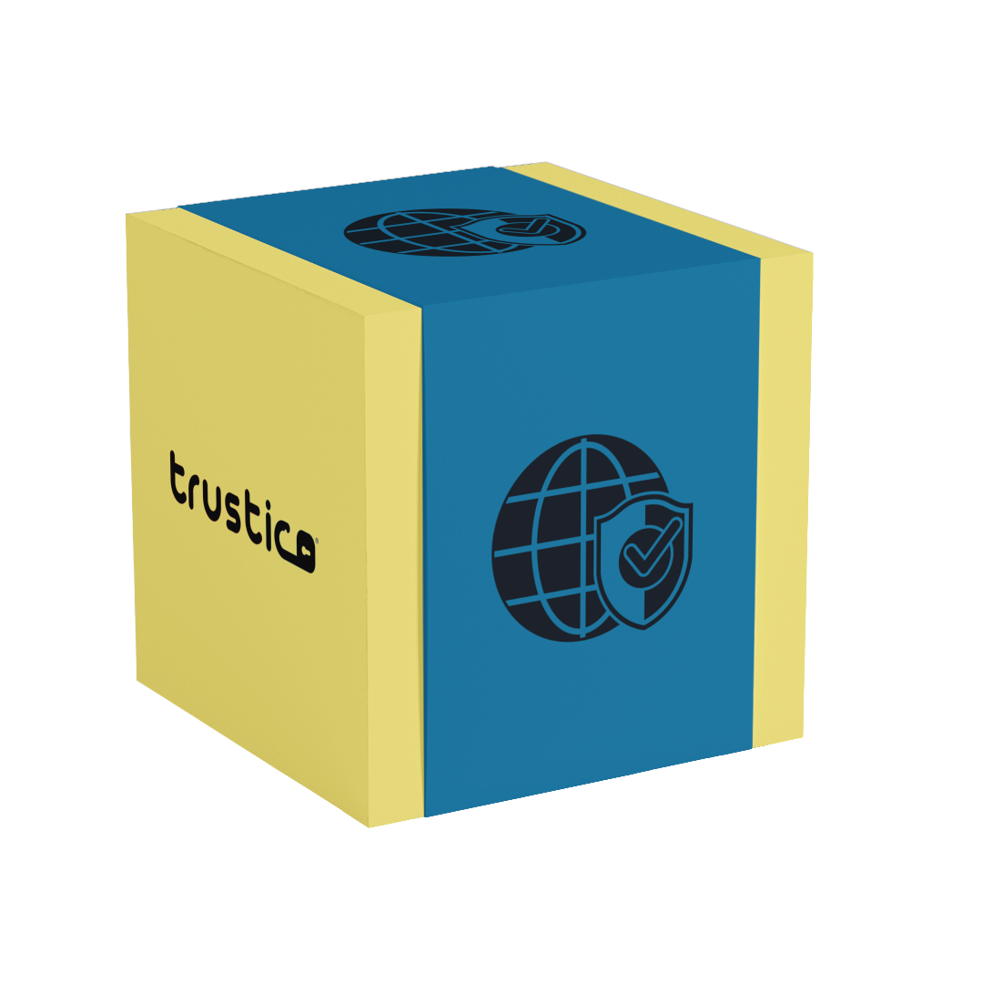 A yellow and blue box shows "trustica" on one side and a globe with shield and checkmark on the other, symbolizing security, trust, and Sectigo CA’s PositiveSSL DV + Multi Domain - Additional SAN protection.