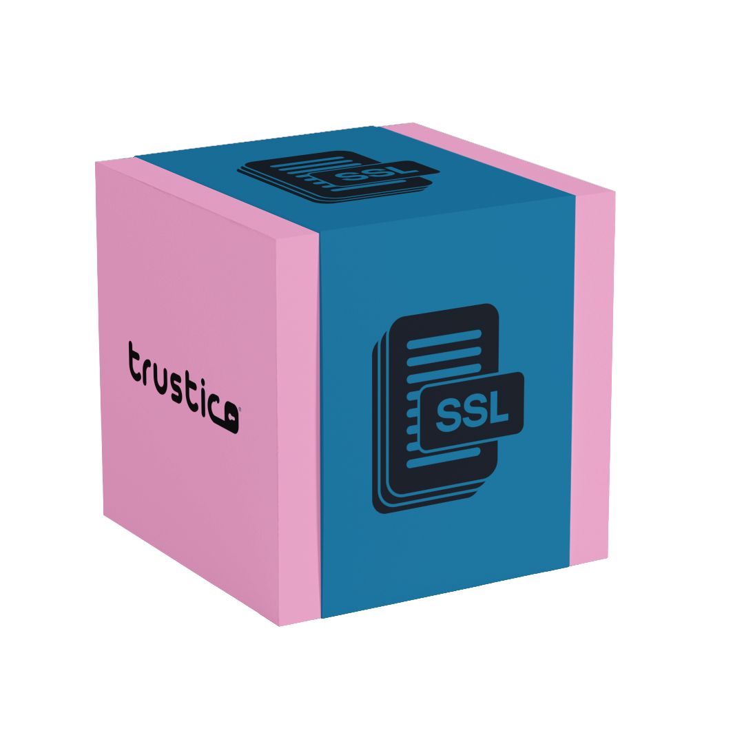 A 3D cube with pink sides and blue faces displays a stack of documents labeled "SSL" to highlight Multi Domain Certificate support, featuring the Trustico® EV + Multi Domain - Additional SAN from Trustico CA.