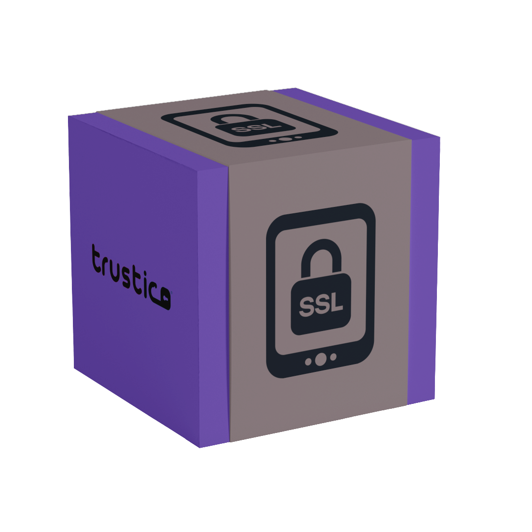 A 3D cube with purple sides and grey faces displays a padlock icon labeled "Trustico® OV Single Site" by Trustico CA, featuring the word trustic with a small padlock, representing website protection and online security.