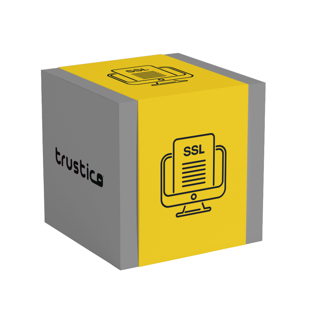 A gray cube with yellow faces shows a monitor displaying an SSL Certificate and the word trustico, representing online security solutions like Sectigo® DV + Multi Domain from Sectigo CA for securing multiple domains.