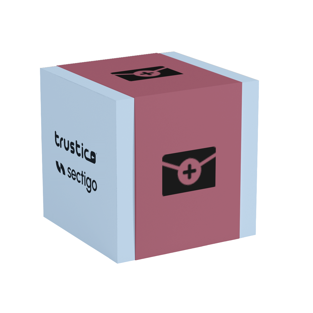A 3D cube with two visible logos: Trustico® and Sectigo® CA on the left face, and a medical envelope icon on the front and top faces. The cube’s colors are light blue and maroon, highlighting organization validation for the Sectigo® S/MIME Organization Validated secure email certificate.